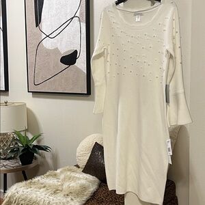 - Elegant White Bell Sleeve Sweater Dress, NEW, Size Medium